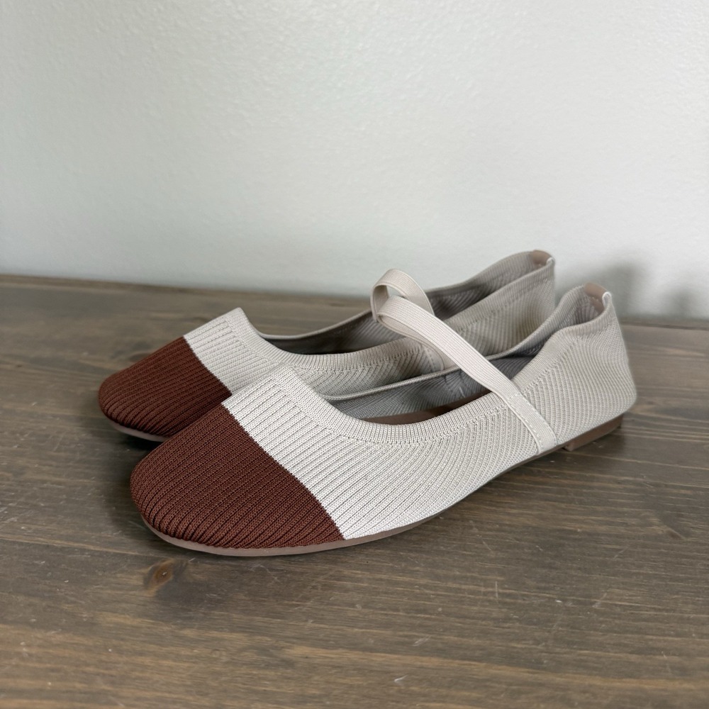 Jenny Fairy Womens 9.5/40 Tan/Beige Two Tone Knit Mary Jane Flats Shoes